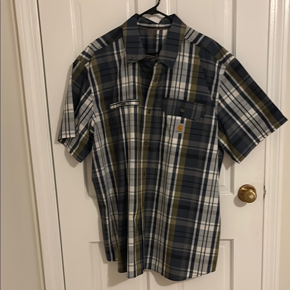 Carhartt Men's Blue and Green Plaid Button Down Shirt